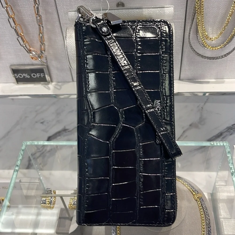 Michael Kors JtSet Travel Metallic Crocodile Embossed Leather Continental Wallet